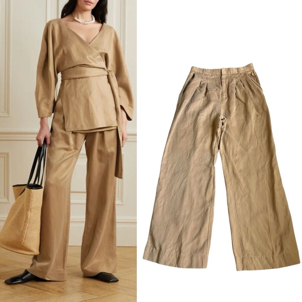 Mara Hoffman Mari Pleated Wide Leg Trousers Sz 8 Tan Linen Blend Luxury Designer